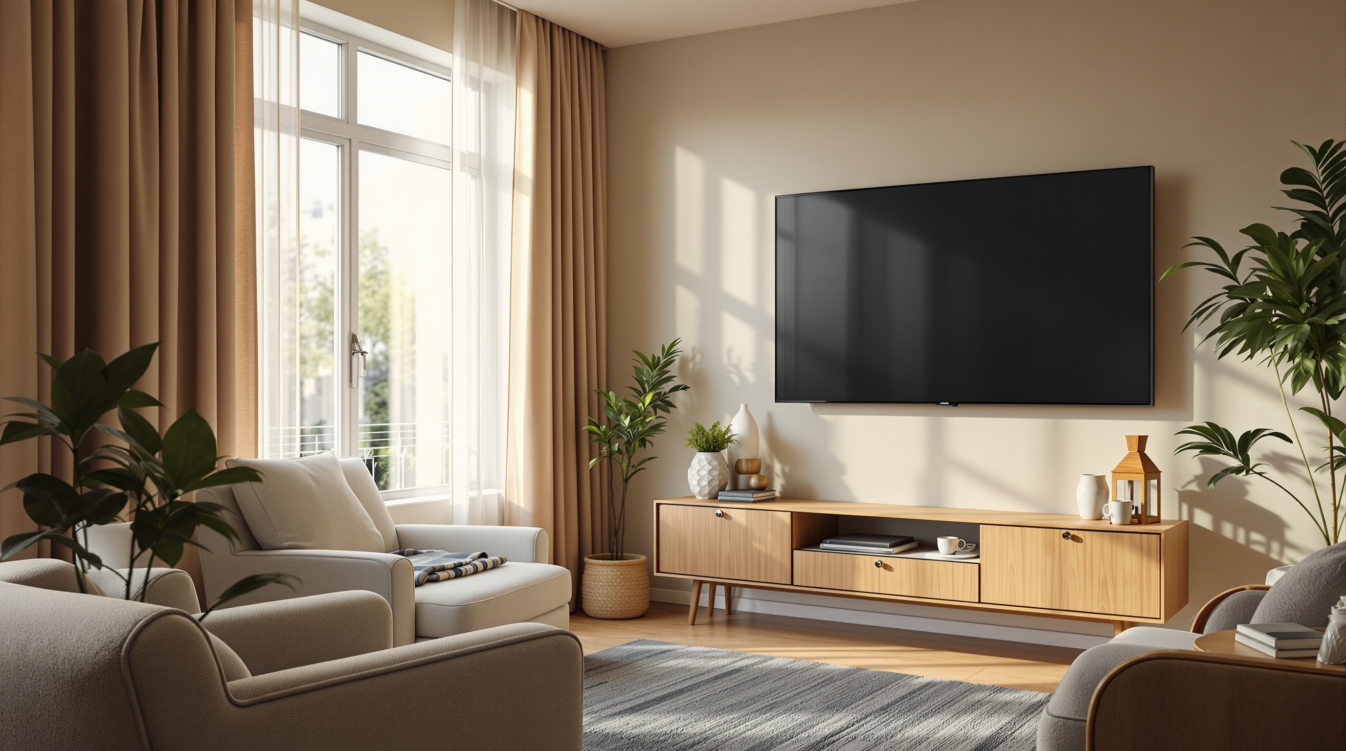 Senior living lounge with a wall-mounted TV