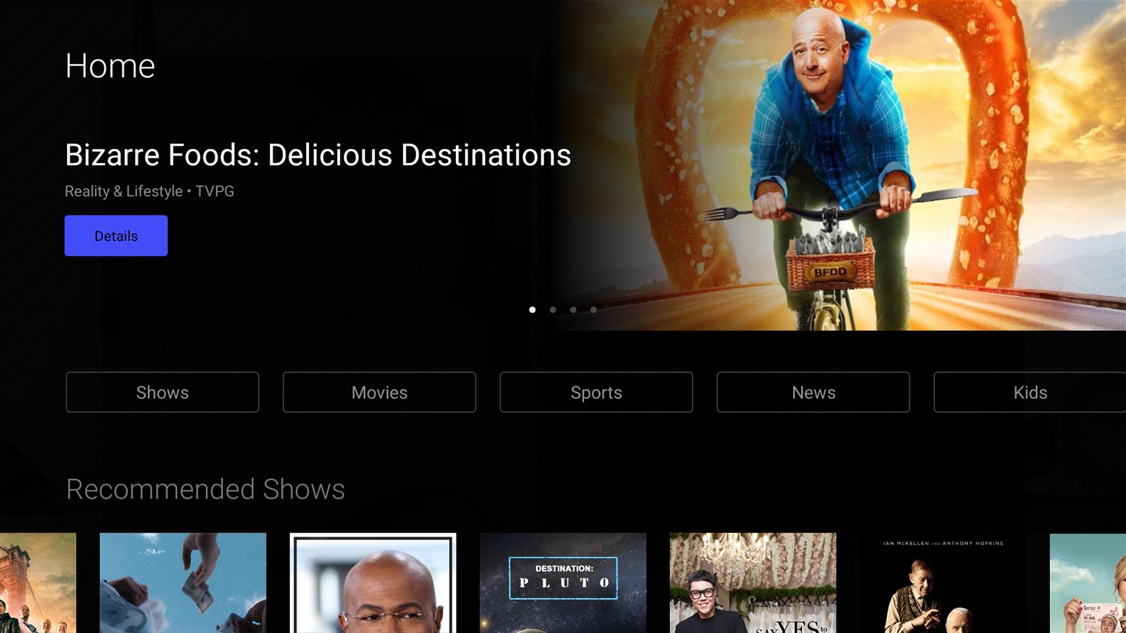 TV interface home screen with featured show and recommended rows